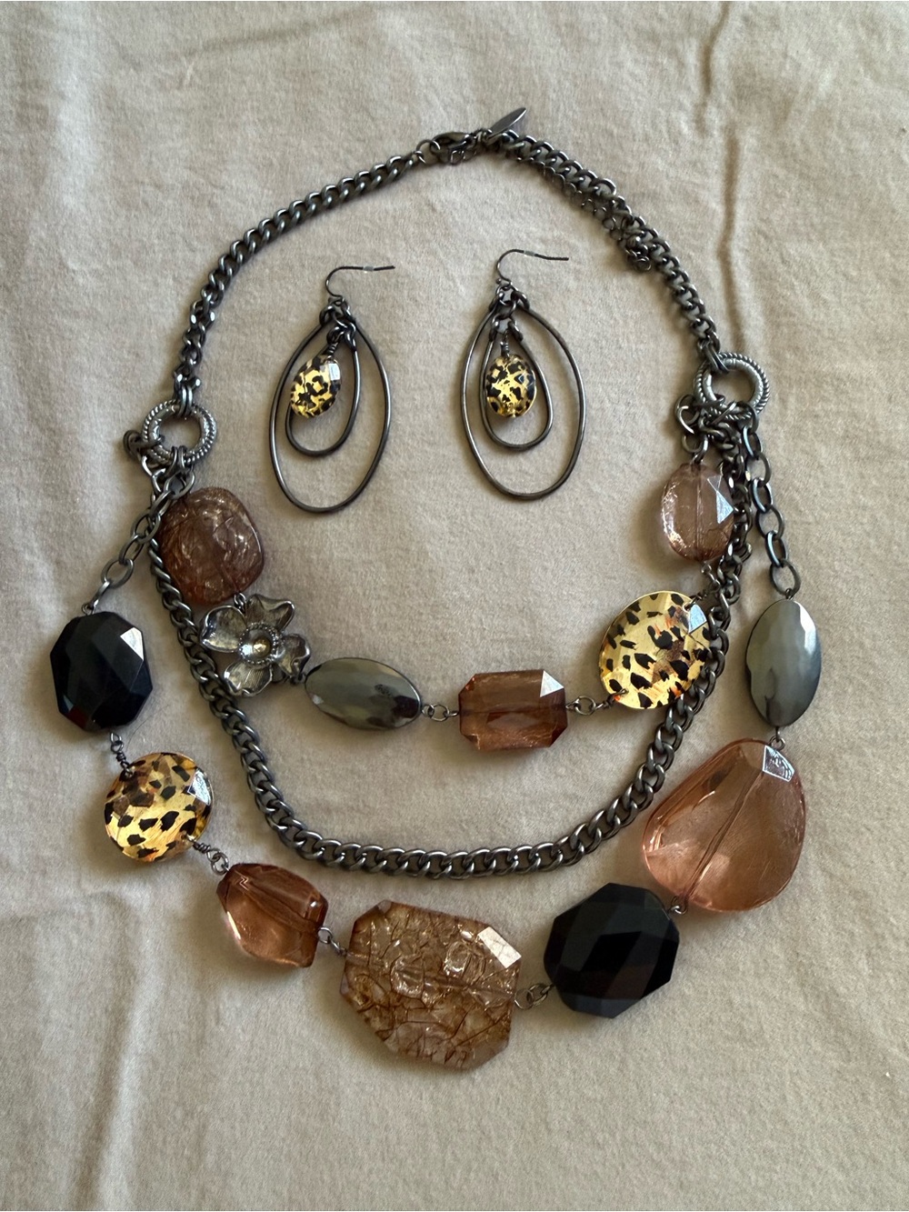 NY & Co Mixed Bead Necklace with Matching Earrings - Brown